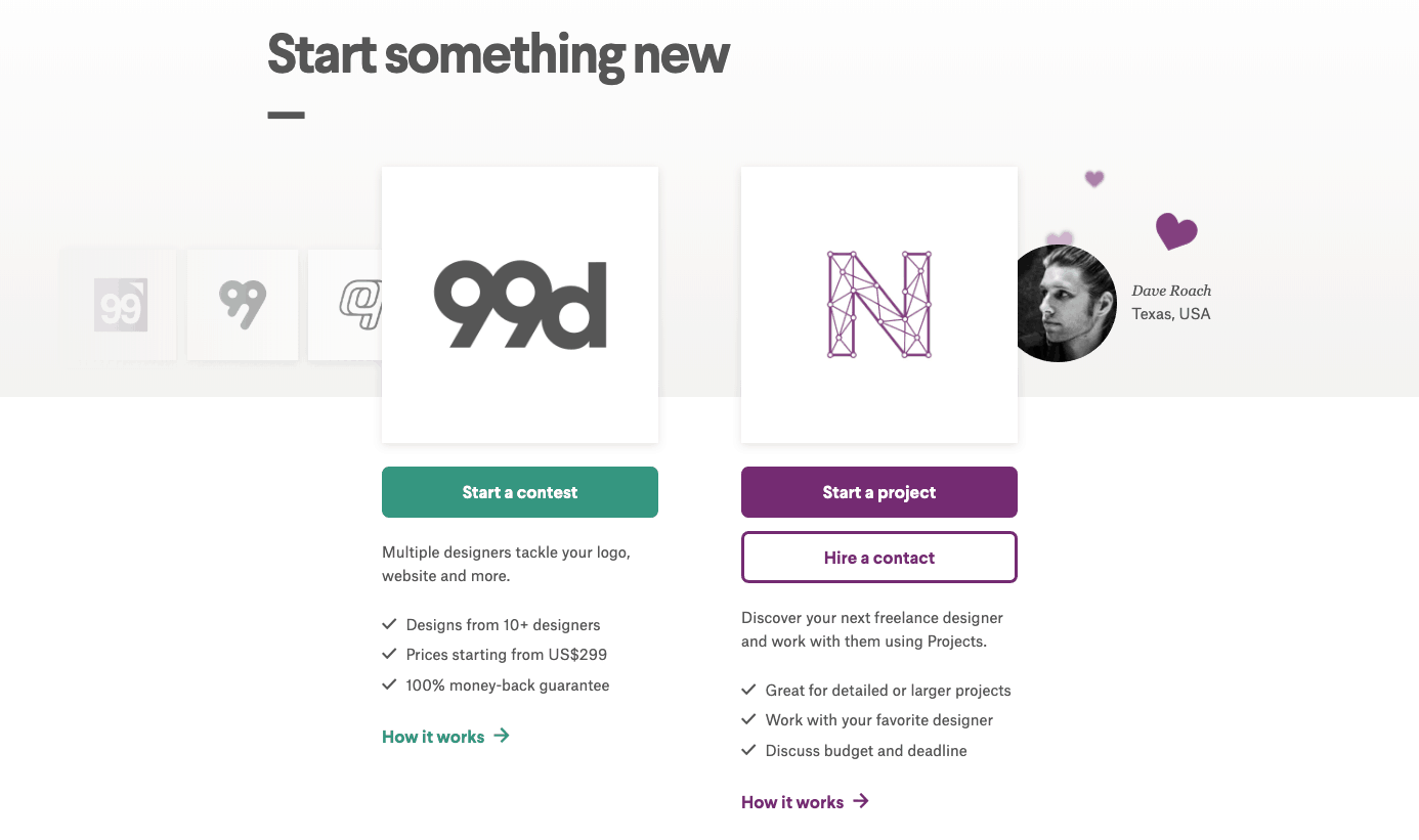 Screen shot image from 99Designs that says Start something new